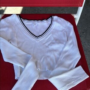 Garage White Ribbed V-Neck Top with Black Edging